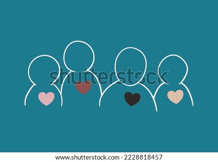 Unity of mankind. Ethnic diversity. People with different skin colors but with the same heart. Simple design illustration. Racial and solidarity. Anti-racist campaign. Learn each other concept.