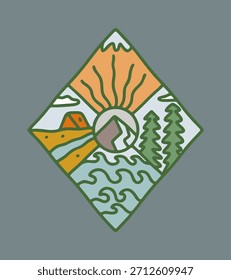 Unidad de la montaña, el mar, el bosque y el campamento para la ilustración de la etiqueta engomada de la camiseta