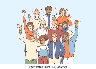 Unity in Multicultural diversity, team and friendship concept. People of different nationalities and religions members of multicultural society standing waving hands to camera vector illustration