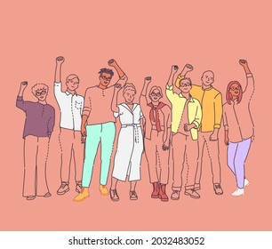 Unity in Multicultural diversity, team and friendship. Group of happy people standing together, waving.