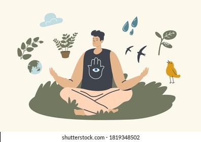 Unidad con el concepto de la naturaleza. Personaje masculino meditando al aire libre sentada en Lotus Yoga Asana Pose. Estilo de vida saludable, equilibrio emocional relajante, armonía de vida, tiempo de repuesto relajado. Ilustración de vectores lineales