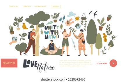 Unity with Nature, Save Planet and Ecology Protection Landing Page Template. Characters Meditate Outdoor, Hug Tree, Women Care of Plants Enjoying Connection with Flora. Linear Vector Illustration