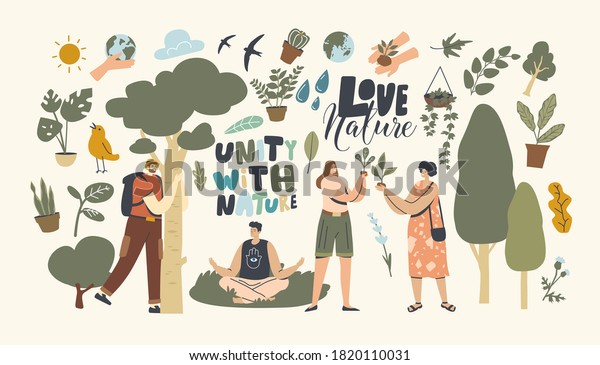 Unity with Nature, Save Planet and Ecology\
Protection Concept. Characters Meditate Outdoor, Hug Tree, Women\
Environmentalists Care of Plants Enjoying Connection with Flora.\
Linear Vector\
Illustration