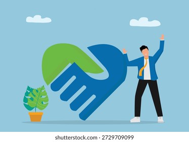 Conceito de Unidade e Parceria com Empresário Celebrando ao Lado de Mãos Intertravadas Formando a Ilustração do Símbolo Cardíaco