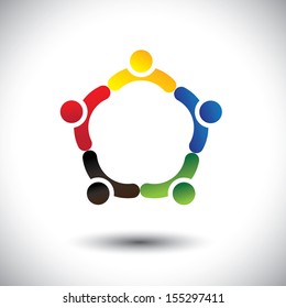 unity in people community, solidarity & friendship- concept vector. This illustration can also represent colorful kids playing together holding hands in circles or union of employees, workers or staff