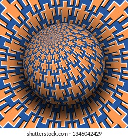 Unity of people optical illusion concept. Patterned sphere soaring over moving surface with men symbols.