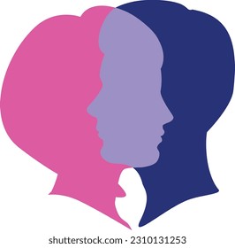 Unity, relationships, mental health, sharing love and thoughts, concept illustration, male and female heads in profile intersecting each other. 