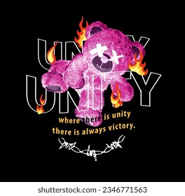 unity slogan with climbing bear doll inverted color on black background vector illustration