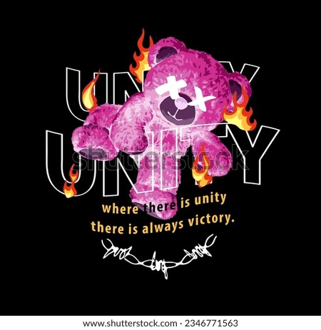 unity slogan with climbing bear doll inverted color on black background vector illustration
