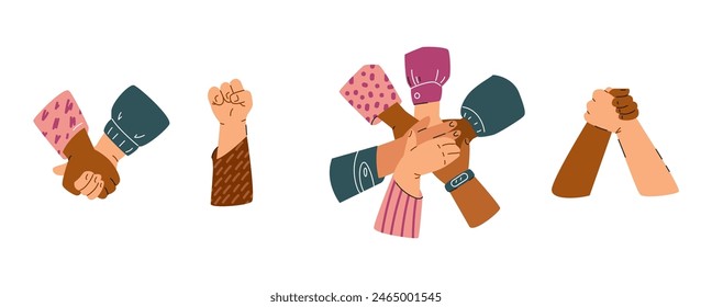 Unidad y fuerza en la diversidad. Ilustración vectorial conjunto de manos entrelazadas levantadas en solidaridad por los derechos humanos y la igualdad.