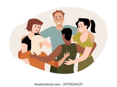 Concepto de Vector de unidad y Asistencia: Ilustración de un círculo cercano de hombres y mujeres diversos en un abrazo grupal que simboliza la unión en un fondo blanco aislado. Primer plano del diseño de la etiqueta.