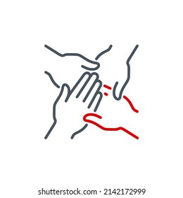 Unity team and teamwork single line icon isolated on white Perfect outline symbol Togetherness and cooperation team. Group of four people holding arms together design element with editable Stroke line