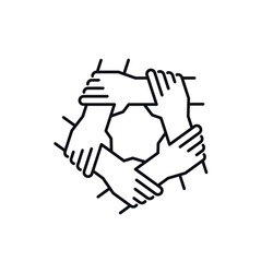 Unity And Teamwork Concept. Diversity And Inclusion. Togetherness And Cooperation Icon. Group Of Five People Holding Arms. Line Vector Illustration Isolated On White Background.