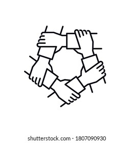 Unity and teamwork concept. Togetherness and cooperation icon. Helping hand symbol. Group of five business people holding arms. Line vector illustration.