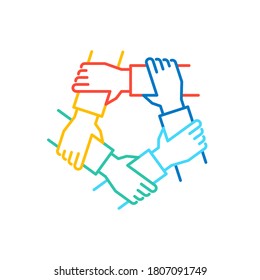 
Unity and teamwork concept. Togetherness and cooperation icon. Group of five business people holding arms. Colorful line vector illustration. 