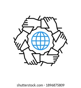 Unity and teamwork concept. Togetherness and cooperation icon. Group of six business people holding arms around a worldwide globe. Line vector illustration isolated on white background. 