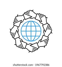 Unity and teamwork concept. Togetherness and cooperation icon. Group of eight business people holding arms around globe. Line vector illustration.