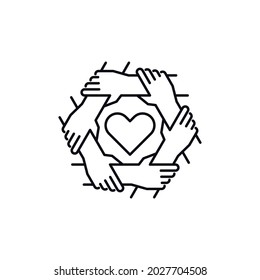 Unity and teamwork concept. Togetherness and cooperation line icon. Working together for charity. Group of six people holding arms around heart.