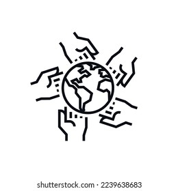 Unidad y concepto de trabajo en equipo. Icono de la cooperación y la fraternidad. Ayudando. Salvemos el símbolo del planeta. Ilustración vectorial de línea aislada en fondo blanco.