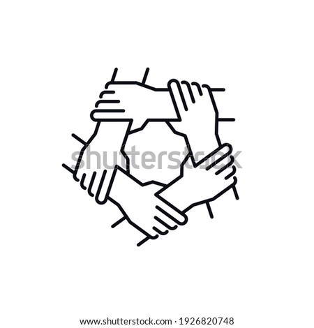 Unity and teamwork concept. Togetherness and cooperation icon. Group of five people holding arms. Line vector illustration isolated on white background.