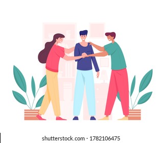 Unidad y concepto de trabajo en equipo. Jóvenes parados juntando sus manos. Amigos con pila de manos mostrando unidad y trabajo en equipo. Ilustración vectorial de estilo plano.