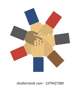 Ícone De Unidade E Trabalho Em Equipe. Design de cores planas. Ilustração de vetor. Muitas Mãos Se Colocando.