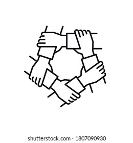 Unity And Teamwork Icon. Togetherness And Cooperation Concept. Helping Hand Symbol. Group Of Five Business People Holding Arms. Line Vector Illustration.