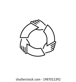 Unity und Teamwork Symbol. Konzept der Zusammengehörigkeit und Zusammenarbeit. Gruppe von drei Geschäftsleuten, die Waffen besitzen. Linie, Vektorgrafik.