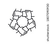 Unity and teamwork linear icon. Diversity and inclusion. Togetherness and cooperation concept. Helping hand symbol. Group of five business people holding arms. Line vector illustration.