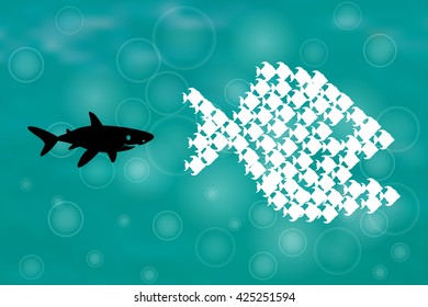  Unity, Teamwork, Organize Concept. Together we stand, Fishes unite fight with big fish. vector illustration. Sharks, think different design.