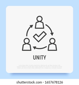 Unity Thin Line Icon. Successful Communication Employees. Teamwork, Collaboration. Circle Of People With Check Mark. Modern Vector Illustration.