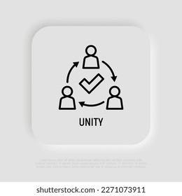 Icono de línea delgada de unidad. Empleados de comunicación exitosos. Trabajo en equipo, colaboración. Círculo de personas con marca de verificación. Ilustración vectorial moderna.
