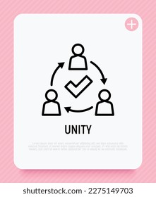 Unity thin line icon. Successful communication employees. Teamwork, collaboration. Circle of people with check mark. Modern vector illustration.