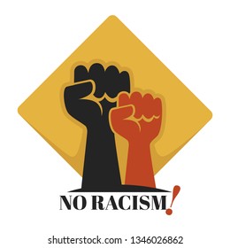 Unity and tolerance no racism isolated icon human fists vector stop discrimination nations equality solidarity and friendship Africans and Asians race emblem or logo foundation or organization