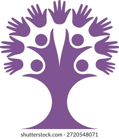Árbol de Unidad con Manos y Personas en Púrpura, Simbolizando Comunidad y Unicidad