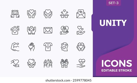 Unity vector line icon set. Included friendship, donation, friend, support, aid and more. Love And Care icon pack. Trendy minimal icons. Pixel perfect. Editable stroke.