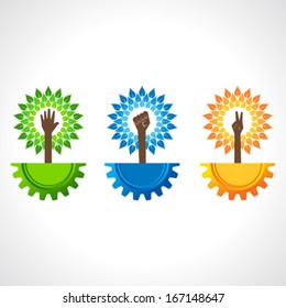 Unity ,victory and helping hand make tree on gear- vector illustration