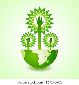 Unity ,victory and helping hand make tree on earth - vector illustration
