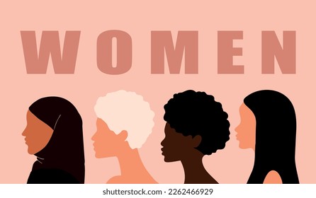 Unity of women of different nationalities and cultures. Female abstract prophiles. Diversity.