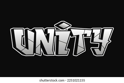 Letras estilo graffiti de palabra de unidad. Ilustración del logo del doodle dibujado a mano por vectores. Divertidas letras geniales de Unity, moda, graffiti estilo impreso para camiseta, afiche 