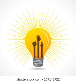 Unity,victory and helping hand are inside the bulb - vector illustration