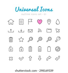 Univerasal linear icons set for web and mobile application. Basic vector symbols.