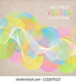 Universal Abstract Background With Colorful Circles and White Wave Lines of Pastel Colors. Composition on Stylized Sheet of Paper.