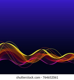 Universal Abstract Background with Horizontal Colored Wave Line on Dark Blue Backdrop. Template with Bright Smooth Wavy Curved Line for your Text, Information, Publication.