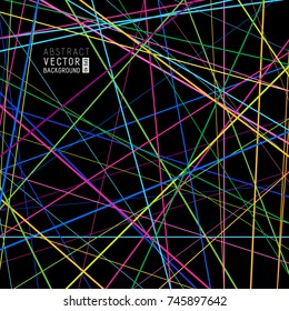 Universal Abstract Background from Intersecting Colorful Lines of Different Thicknesses. Texture of Random Chaotic Irregular Lines on Dark Backdrop.