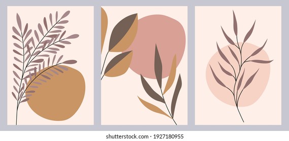 Universal abstract creative hand-painted templates with decorative branches and leaves. The set is suitable for postcards, posters, covers, banners, social media stories designs.