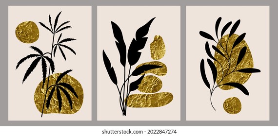 Universal abstract creative hand-painted templates with decorative branches and leaves on a background of golden spots. For postcards, posters, covers, banners, social media story design.