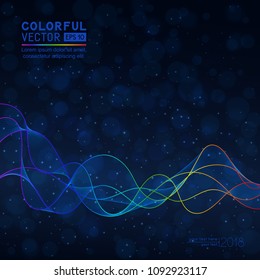 Universal Abstract Dark Blue Background with Wave Line on Bokeh Backdrop. Smooth Wavy Horizontal Curved Line with Rainbow Contour. Effect of Shimmering Flying Particles.