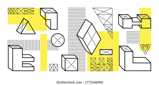 Las formas de isometría geométrica abstracta universal se establecen con la composición de elementos amarillos brillantes. Formas tridimensionales. Elementos de diseño sencillos para su sitio, revista, cartel.