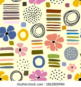 Diseño abstracto universal de fondo de doodle con flores brillantes y diferentes elementos de diseño. plantilla de arte moderno adecuada para imprimir en papel pintado, telas, cortinas, cuadernos, diarios